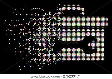 Toolbox Illustration With Dispersed Style In Light Color Tints On A Black Background. Light Round Pi