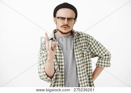I Tell You Behave Well. Portrait Of Strict Serious And Bossy Brother With Beard And Glasses Wearing 