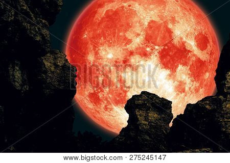 Full Long Night Moon, Cold Moon Back Between Two Mountain Night Sky