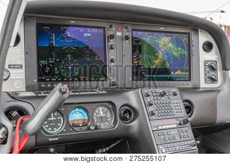 Avalon, Australia - February 26, 2013: Cockpit Of Cirrus Sr22t Vh-epg High Performance Light Aircraf