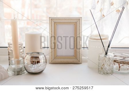 Shabby Chic Home Design. Beautiful Decoration Table With A Candles, Dreamcacher, Aroma Stick And Fra