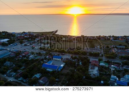 Sennoy, Russia - July 16, 2017: Beautiful Colorful Dramatic Sunset Sky Over The Silhouette Of Small 