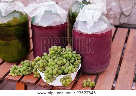 Front View Of Bunches Of Yellow-green Ripe Grapes From An Organic Garden. Big Wine Bottles Aback. Se