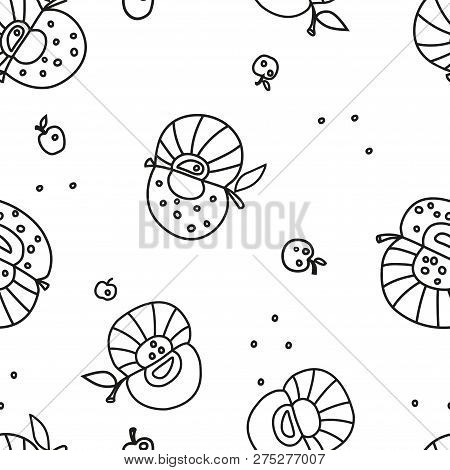 Black And White Lined Pattern Of Apples. Seamless Vector.