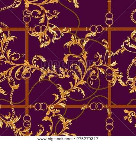 Seamless Pattern With Golden Chains, Belts And Baroque Leaves. Vector Baroque Patch For Scarfs, Prin
