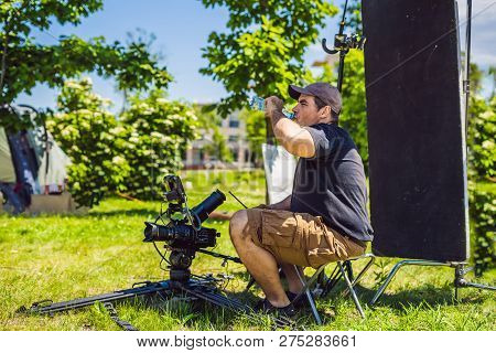 Shooting Process On Cinema Stage - Commercial Production Set, Exterior Location.profeccional Cameram