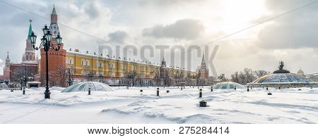 Moscow Kremlin And Manezhnaya Square In Winter, Russia. Panoramic View Of Central Moscow During Snow