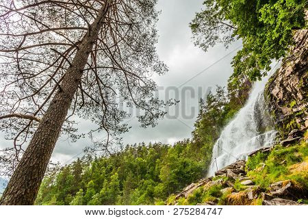 Svandalsfossen In Norway, Waterfall In Norwegian Mountains. National Tourist Ryfylke Route.
