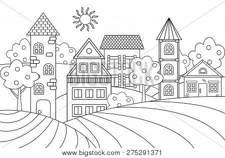 Vector Landscape With Houses And Turrets For Coloring Book