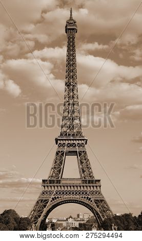 Eiffel Tower In Paris With Sepia Toned Effect In Vertical Mode