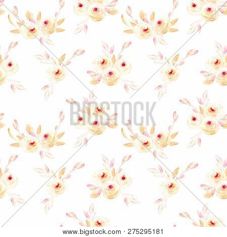 Seamless Floral Pattern With Pink Watercolor Flower Posies, Hand-painted On A White Background