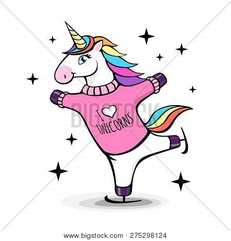 Vector Illustration Of Fantasy Skating Unicorn. Cartoon Style Design