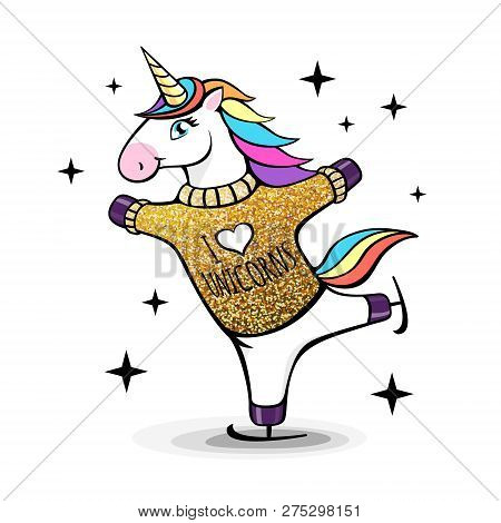 Vector Illustration Of Fantasy Skating Unicorn. Cartoon Style Design