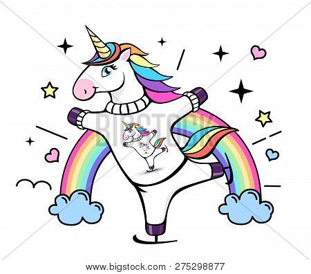 Vector Illustration Of Fantasy Skating Unicorn. Cartoon Style Design