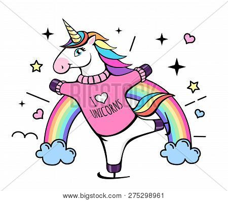 Vector Illustration Of Fantasy Skating Unicorn. Cartoon Style Design