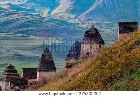 Medieval Monument In Dargavs Village North Ossetia, Russia. The Ancient Cemetery Of The Alans, From 