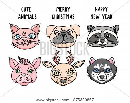 Set Cute Animals Heads Isolated On White. Vector Hand Drawn Deer, French Bulldog, Cat, Pig, Wolf, Ra