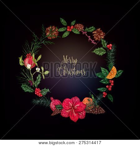 Winter Christmas Floral Wreath Vector Illustration Of Hand Drawn Conifers, Winter Berries, Pomegrana