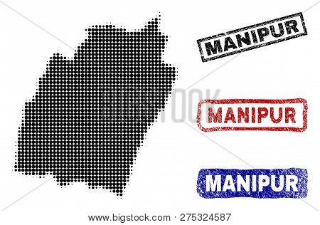 Halftone Vector Dot Abstracted Manipur State Map And Isolated Black, Red, Blue Scratched Stamp Seals