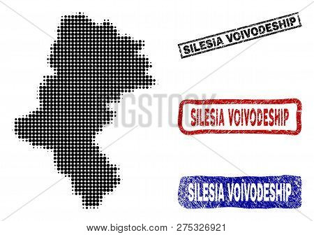 Halftone Dot Vector Abstract Silesia Voivodeship Map And Isolated Black, Red, Blue Scratched Stamp S