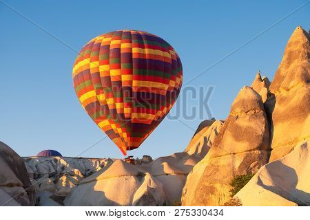 Airballoons In Turkey, Cappadocia. Travel And Leisure. Adventure In The Air. Concept And Idea Of Adv