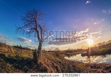 Beautiful Spring Landscape Of The River Bank At Sunset With The Sun Over The Horizon