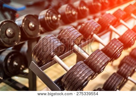Image Of Steel Black Dumbbells In Rows In A Modern Firtness Center. Rows Of Dumbbells In The Gym Wit