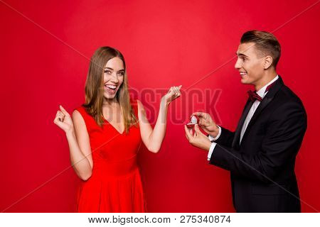Portrait Of Hie He Her She Two Attractive Charming Pretty Imposing People Glad Lady Getting Receivin