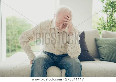 Close Up Portrait Of Grey Haired He His Him Grandpa With Chronic Strong Terrible Headache Head On Ha
