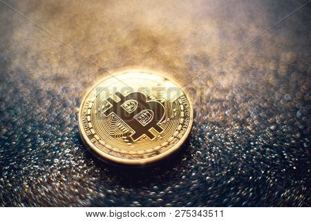 Golden Bitcoin Coin With Glitter Lights Grunge Crypto Currency Background Concept. - Image