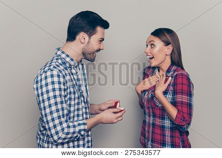 Profile Side View Portrait Of Two Attractive Cheerful People Married Spouses Wearing Checked Shirt G