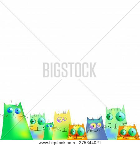 Colored Cats In Cartoon Style, Funny Cats