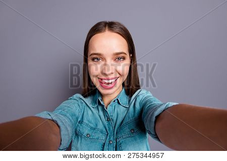 Close Up Portrait Of Flirty Touching Lip With Cunning Face Young Shew Her Lady Girl Wearing Casual D