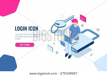 Concept Of Protected Access Control, Lock With Key, Data Security, Flat Isometric Vector