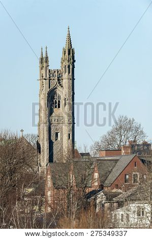 Fairhaven, Massachusetts, Usa - December 23, 2018: Tower Of Unitarian Church In Fairhaven, Massachus