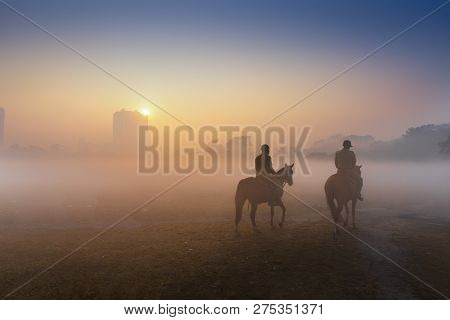 Kolkata, West Bengal, India - Hanuary 21st 2018 : Two Mounted Police Walking Thier Horses At Kolkata