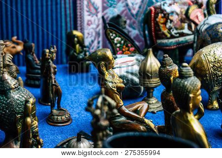 Arambol Goa India November 24, 2018 Closeup Of Decorative Objects Sold In A Souvenirs Shop Located I
