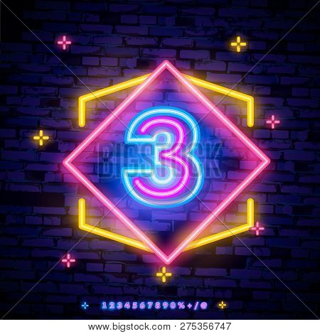 Number Three Symbol Neon Sign Vector. Third, Number Three Template Neon Icon, Light Banner, Neon Sig