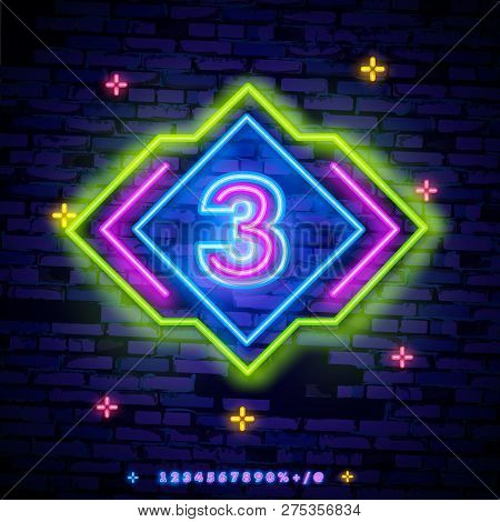 Number Three Symbol Neon Sign Vector. Third, Number Three Template Neon Icon, Light Banner, Neon Sig