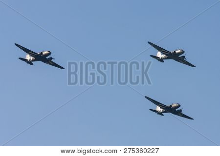 Farnborough, Uk - July 20, 2014: Three World War Ii Era Douglas C-47 (dc-3) Transport Aircraft With 