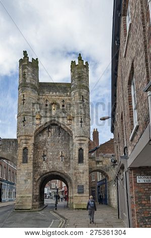 York, England - April 2018: Monk Bar, Main Gatehouses Or Bars Of York City Walls, (bar Walls Or Roma