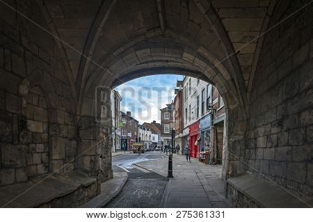 York, England - April 2018: Thoroughfare Under Monk Bar, Main Gatehouses Or Bars Of York City Walls,