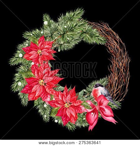Watercolor Christmas Wreath With Toys, Bow And Pine.  Illustration