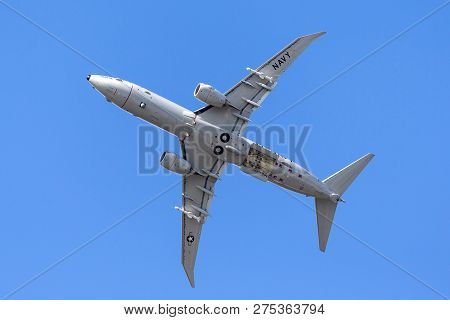 Farnborough, Uk - July 16, 2014: United States Navy Boeing P-8a Poseidon Maritime Patrol Aircraft.