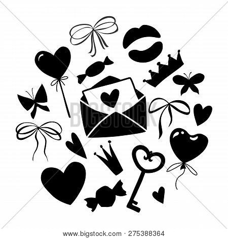 Valentines Day Set, Round Shape Made Of Objects For Concept And Design, Vector Illustration Flat, Bl