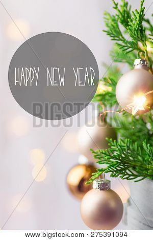 Beautiful Happy New Year Greeting Card. Decorated Potted Juniper Branches Ornament Balls Golden Garl