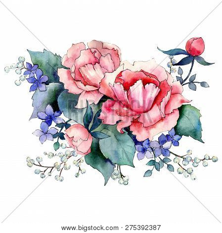 Pink Peony Bouquet. Floral Botanical Flower. Watercolor Background Set. Isolated Bouquet Illustratio