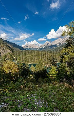 Panoramic Alpine Landscape With The Zugspitze (2962 M) The Highest Peak Of The Wetterstein Mountains