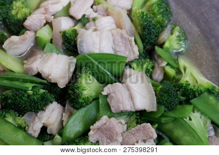 Stir Fried Broccoli, Peas With Crispy Pork With Oyster Sauce, Fried Vegetable Broccoli For Food Menu