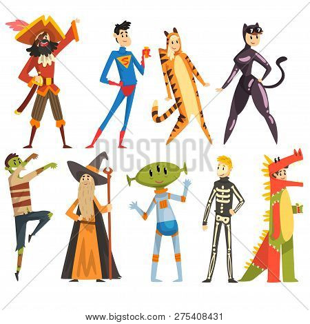 People In Carnival Costumes Set, Funny Persons Dressed As A Pirate, Magician, Tigress, Superman, Din